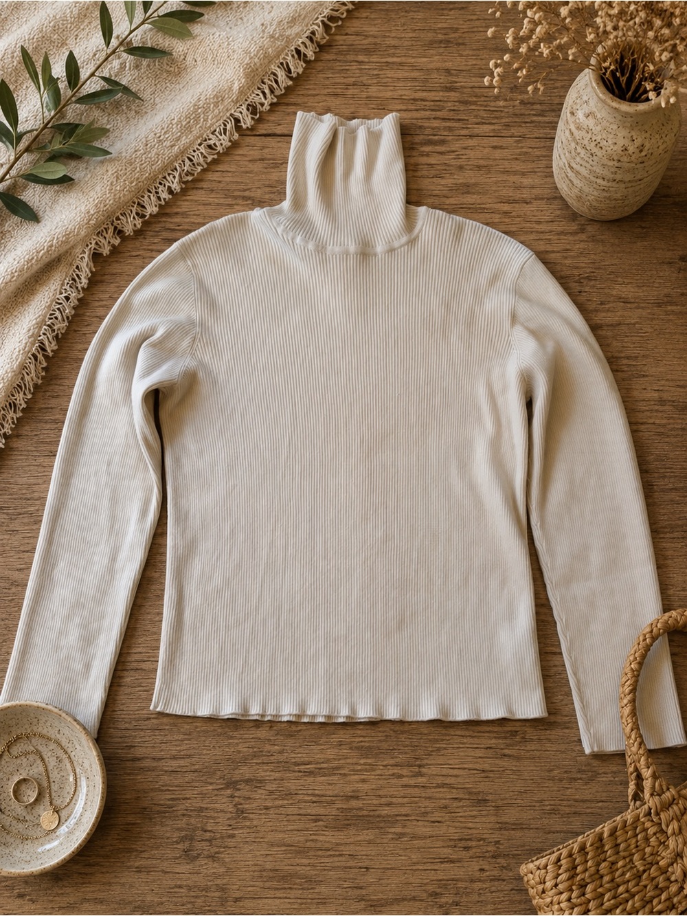 Jones New York Sport Ivory Ribbed 100% Cotton Turtleneck Top XL